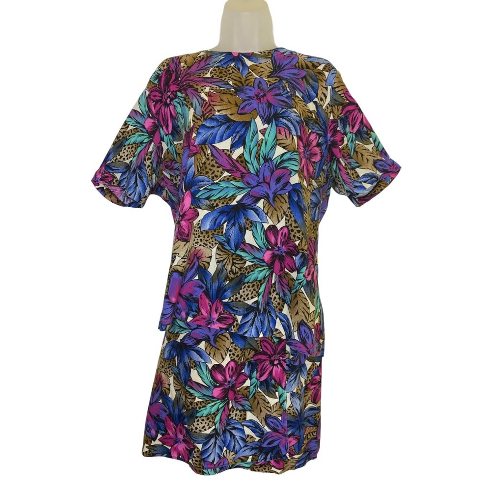 Vintage 1X Floral & Animal Print Wrap Skirt & Top Set Eighties‎ Jungle Wild Fun